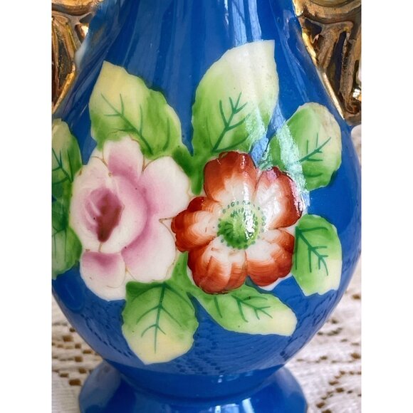 Vintage Pair 1950s Small Hand Painted Blue Flower Vases - Picture 8 of 11